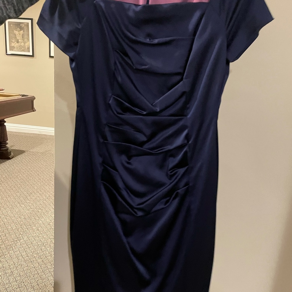 Navy dress with rouche front (very flattering)